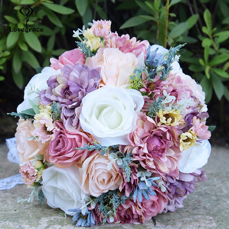 Lovegrace brudbukett bröllopsros blomma rosa blå bohemisk romantisk blombukett konstgjord siden dahlia bröllopsbuketter
