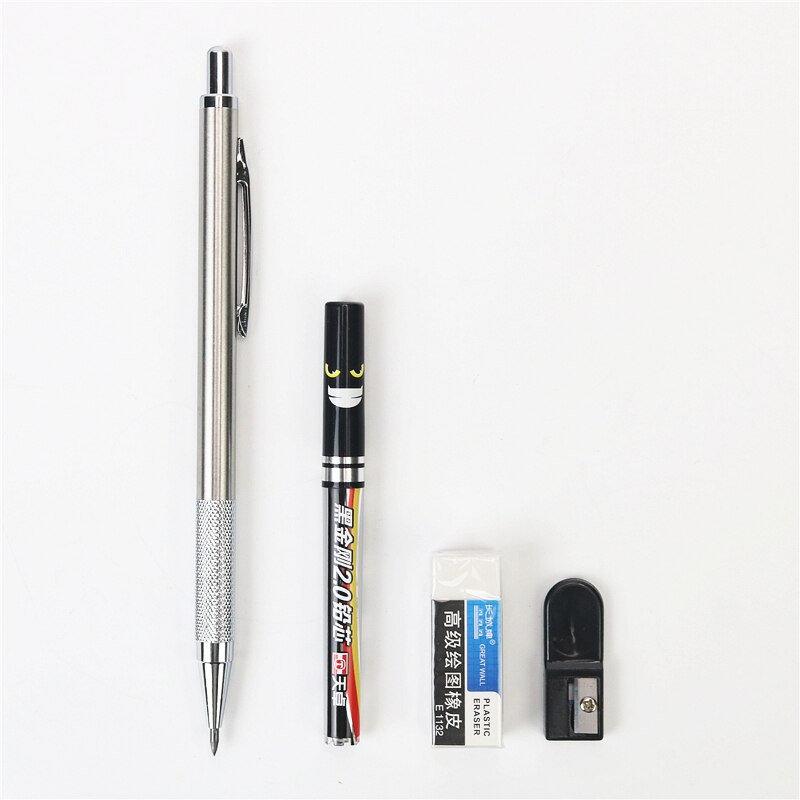 Crayon mécanique en métal pour étudiants, stylo de dessin et d'écriture, 5 gommes à crayon et taille-crayon gratuits, 2.0: 1PCS Silver Pen