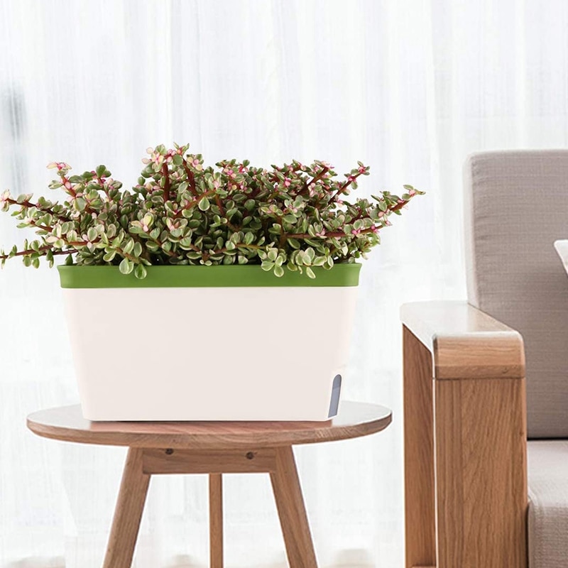 Self Watering Planter Pot Rectangle 10.5 Inch Set of 3, Plastic Plant Pot with Visual Water Level Window Green