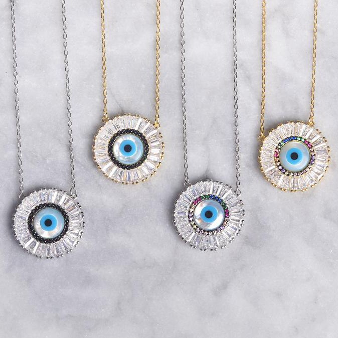 Cz Kettingen Turks Grote Witte Regenboog Stone Evil Eye Ronde Hanger Vrouwen Ketting Meisje Sieraden