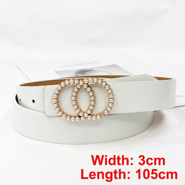 Pearl round pin buckle women simple ladies trend leather belt for women's youth brand belt: style 2-white