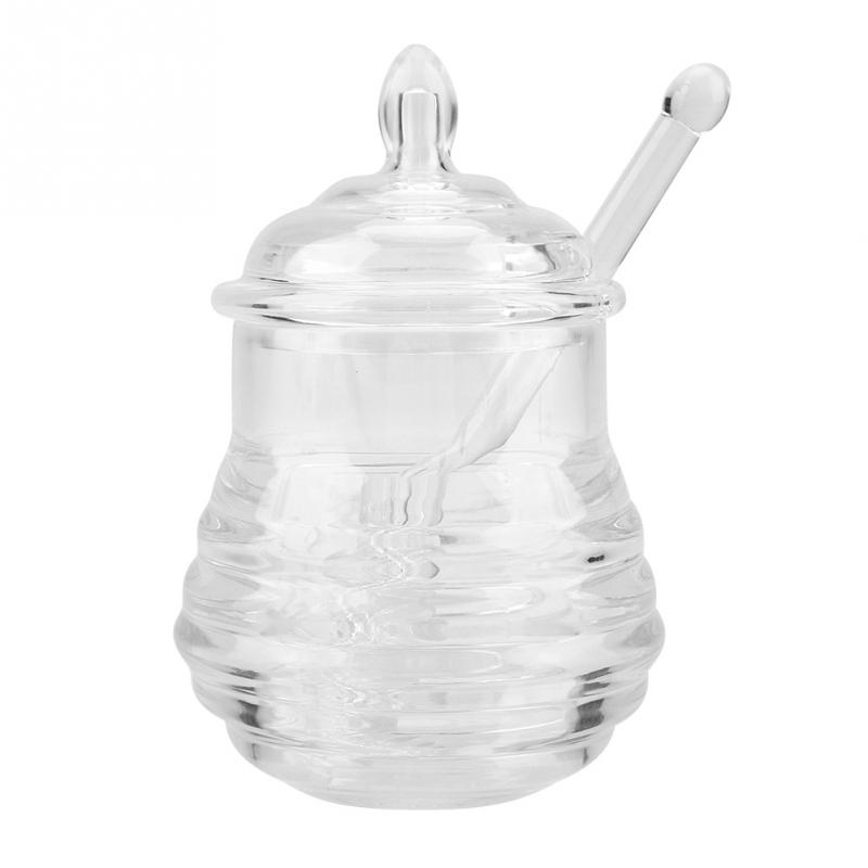 245ml gennemsigtige bikubeformet glas honningkrukke med dryppepind til opbevaring og dispensering af honning