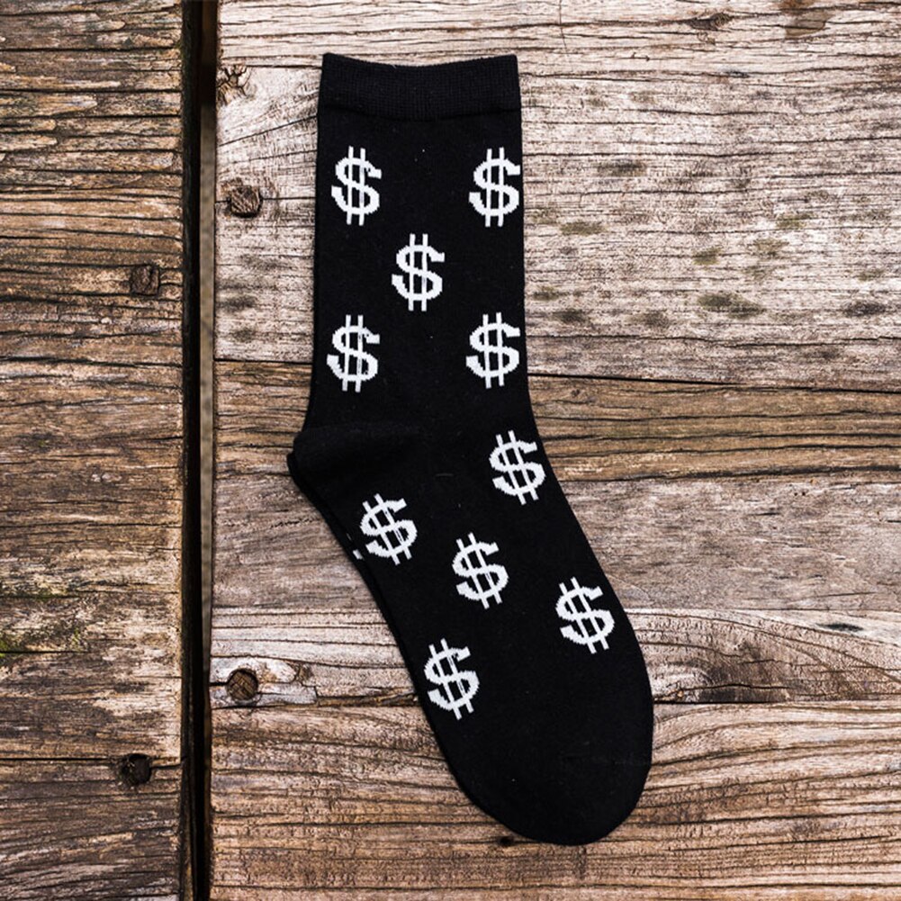 Forår efterår mænd drenge sokker dollar symbol trykt behagelig åndbar absorberer sved anti-skrid mellemlang sok: Sort