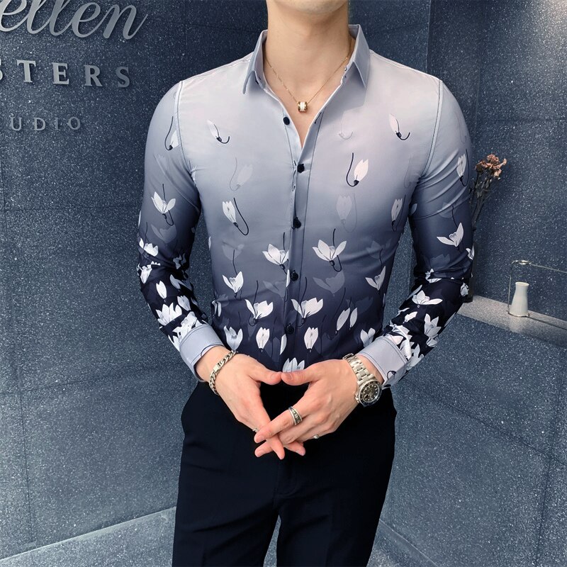 Mode Herfst Bloemen Shirt Mannen Camisa Hombre Koreaanse Slim Fit Casual Mannen Sociale Shirts Lange Mouwen Night Club Luxe Blouse: Black / Korean L 52-60kg