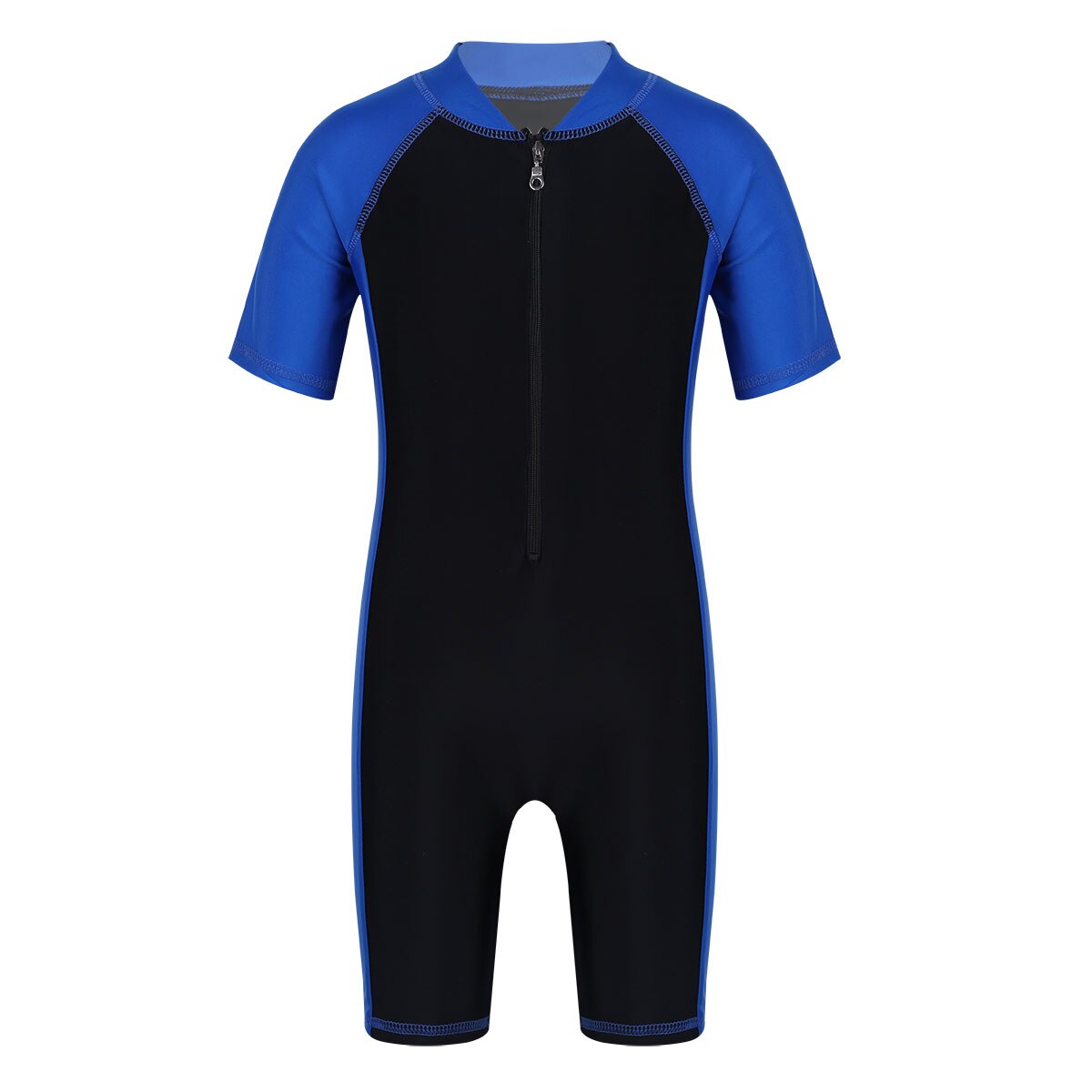 Maiô de verão para meninos e meninas, roupa de banho de uma peça com zíper frontal de mangas curtas para praia: Blue Black / L