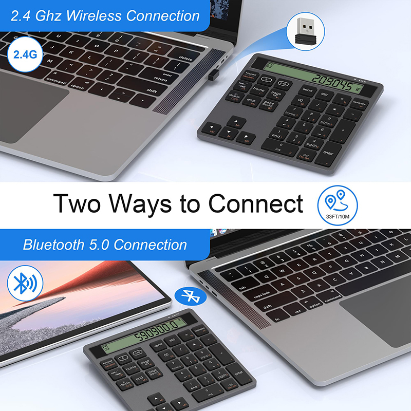 Ergonomiczna bezprzewodowa klawiatura numeryczna Bluetooth z podwójnym trybem i kalkulatorem wyświetlacza Przenośna bezprzewodowa klawiatura numeryczna 2 w 1 dla Win/Mac