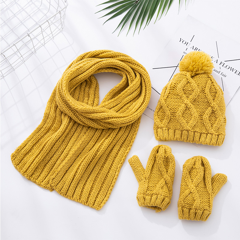 Kids Jongens Meisjes Winter Warm Breien Sjaal Hoed Handschoen Kinderen Baby Sjaals Effen Kleur Geel Rood Gebreide Caps: yellow(set)