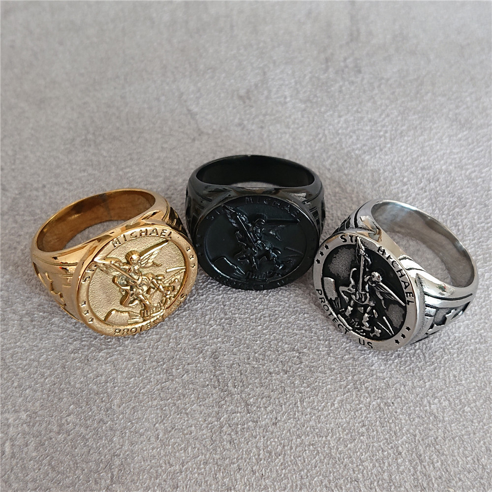 Anello da uomo in acciaio inossidabile con croce di guerriero di angelo della guerra santa anello da uomo in acciaio inossidabile accessori religiosi cattolici di nuova moda misura 7-12