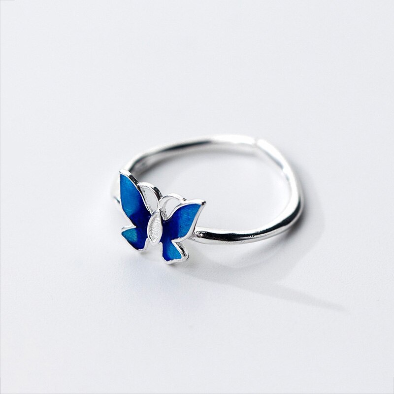 Inzatt echter 925 sterling silber blauer schmetterling verstellbarer ring für damen party feiner schmuck süße accessoires