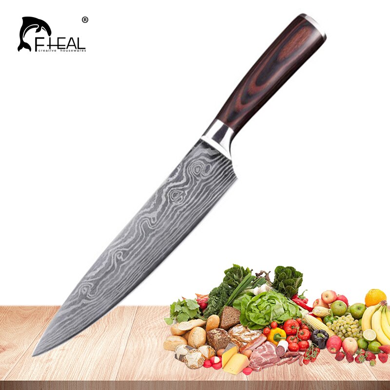 FHEAL Keukenmes 8 inch Professionele Chef Messen Japanse 7Cr17Mov High Carbon Roestvrij Staal Vlees Damascus Mes Kleur Hout