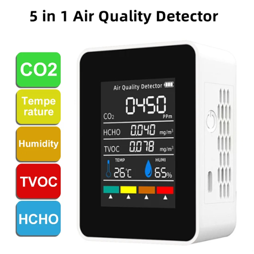 5-in-1 digitale luchtkwaliteitsmonitor CO2 HCHO TVOC Vochtigheids- en temperatuurmonitor CO2-tester LCD oplaadbaar