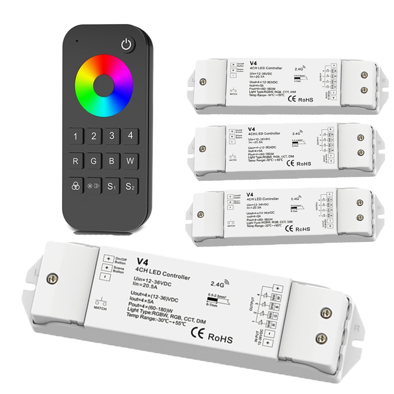 Led rgbw Strip controller 2.4G RF Remote Wireless 12V Led strip rgbw controller RT9 4 zone control with V4 4CH*5A Receiver