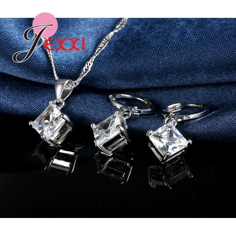 Ensemble de Bijoux en argent Sterling 925 pour femmes, boucles d&#39;oreilles, pendentif, collier, bague avec Zircon cubique blanc brillant,