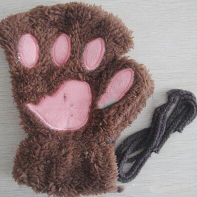 Mitaines en peluche pour femmes, mignonnes, patte de chat, peluche douce et chaude, courtes, sans doigts, ours pelucheux, gants de chat, Costume demi-doigt, noir, Beige: J
