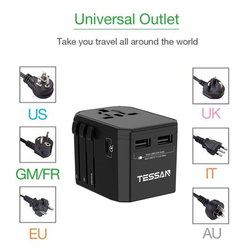 Tessan all-in-one international rejsestikadapter 3 usb /2 usb-porte tpye -c 3.0 port -universal stikkontaktadapter til os / eu / au / uk
