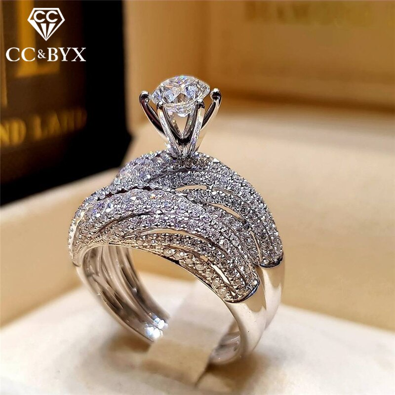 CC-anillos de circonia cúbica redondos para mujer, conjunto de anillo de novia casamiento compromiso, joyería, CC2205