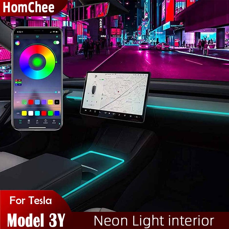 Voor Tesla Model Y Model 3 Neon Licht Buizen Rgb Interieur Led Light Strips App Controller Tesla Interieur Sfeerverlichting