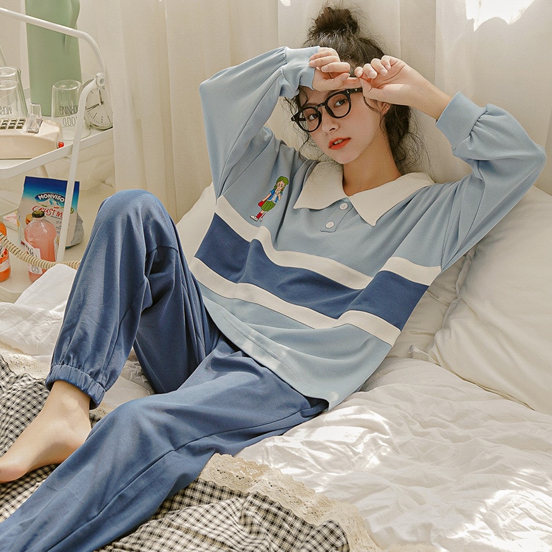 Pijamas nuevos de algodón de manga larga para mujer, ropa exterior de estilo coreano, suelta e informal, de talla grande, para el hogar, primavera y otoño