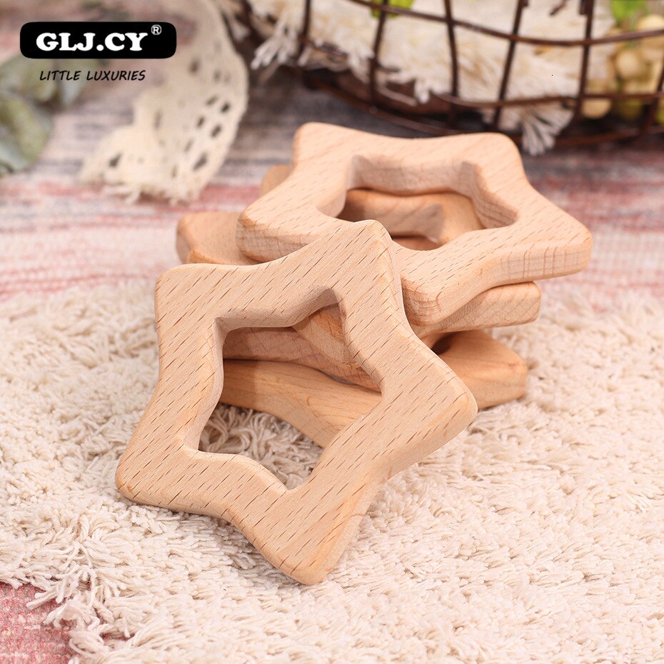 10 stücke Baby beißRing Handgemachte Buche Holz Sterne BeißRing Baby Zahnen Spielzeug DIY Handwerk Anhänger Kautable Schnuller Kette Zubehör