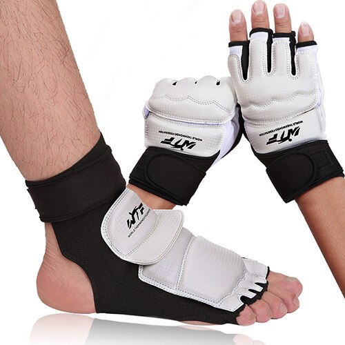 Demi-doigts Taekwondo gants enfants adultes Arts martiaux sport main garde PU cuir gants Taekwondo pied protecteur: one set size XS