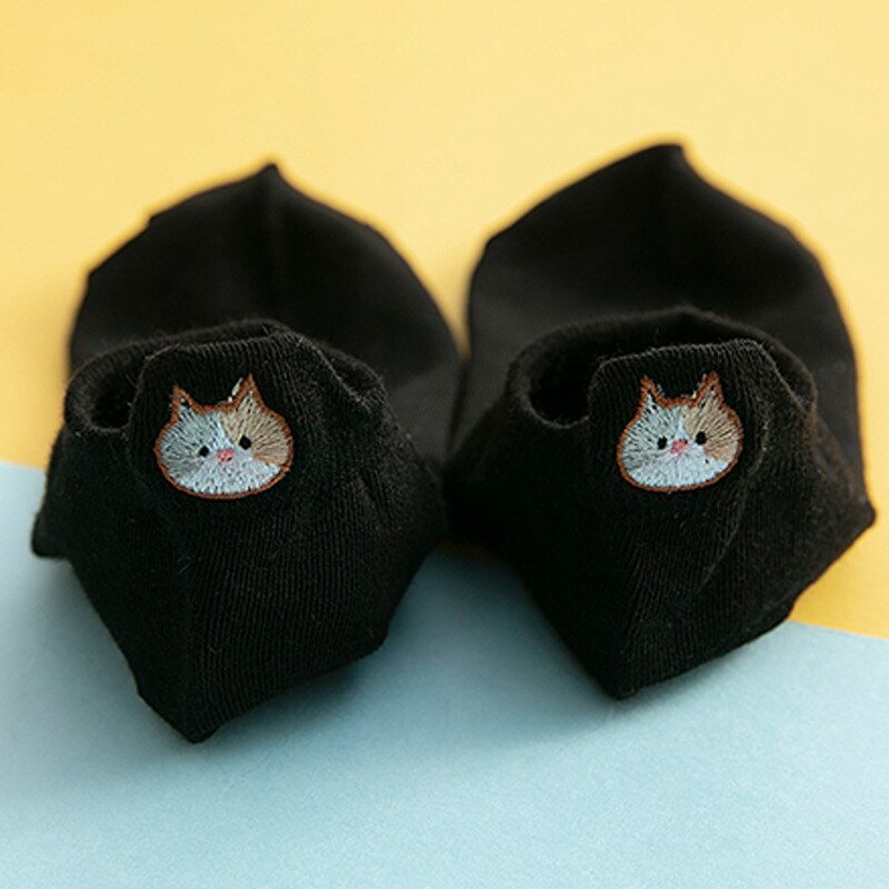 1Pair Kawaii Embroidered Expression Women Socks Happy Ankle Funny Animsl Socks Women Girl Cotton Summer Candy Color Cute: Black