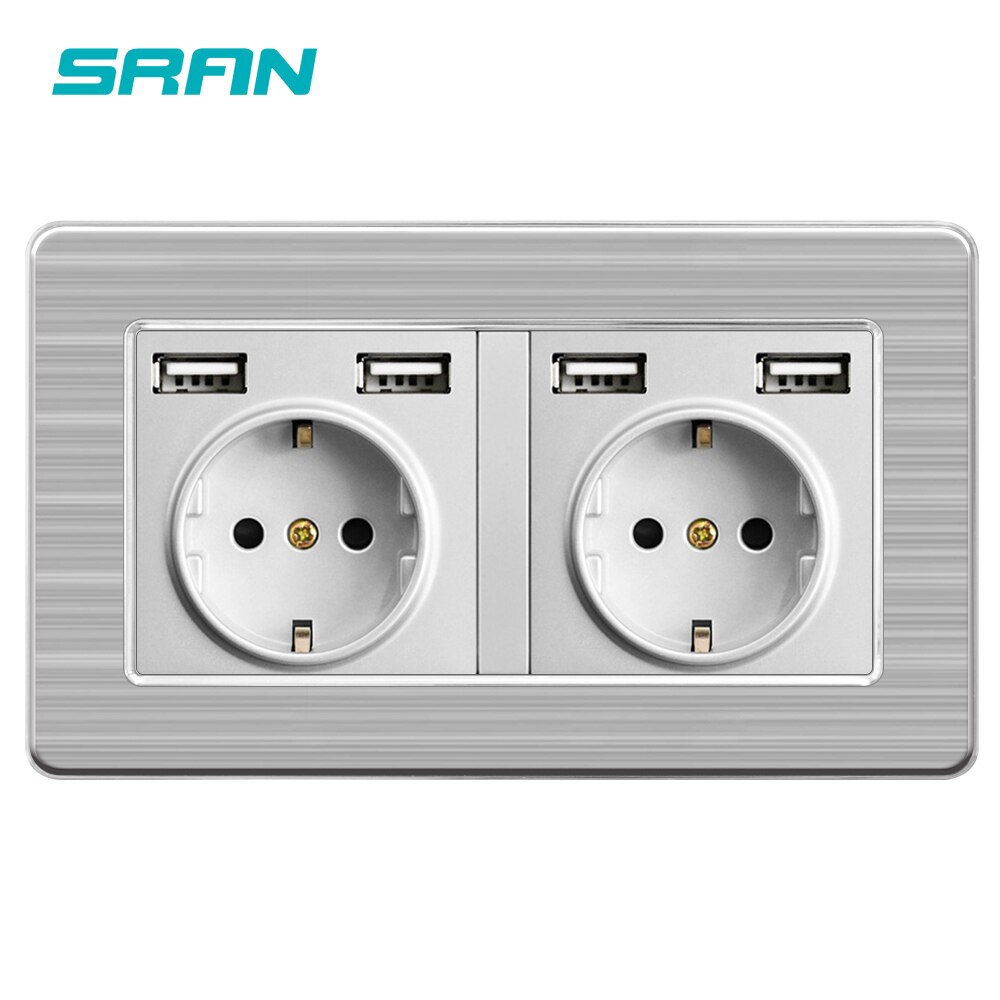 SRAN Wall 16A EU Standard Multi Way power socket with usb outlet strip 146mm*86mm stainless steel panel: Sliver 146A2