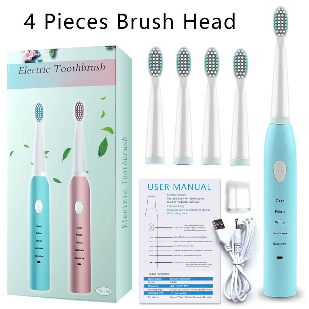 Intelligent À Ultrasons Brosse À Dents Électrique Rechargeable Détartreur Dentaire Dent Calcul Portatif à la Maison De Taches Dentiste Têtes De Brosse: Cyan with 4 heads