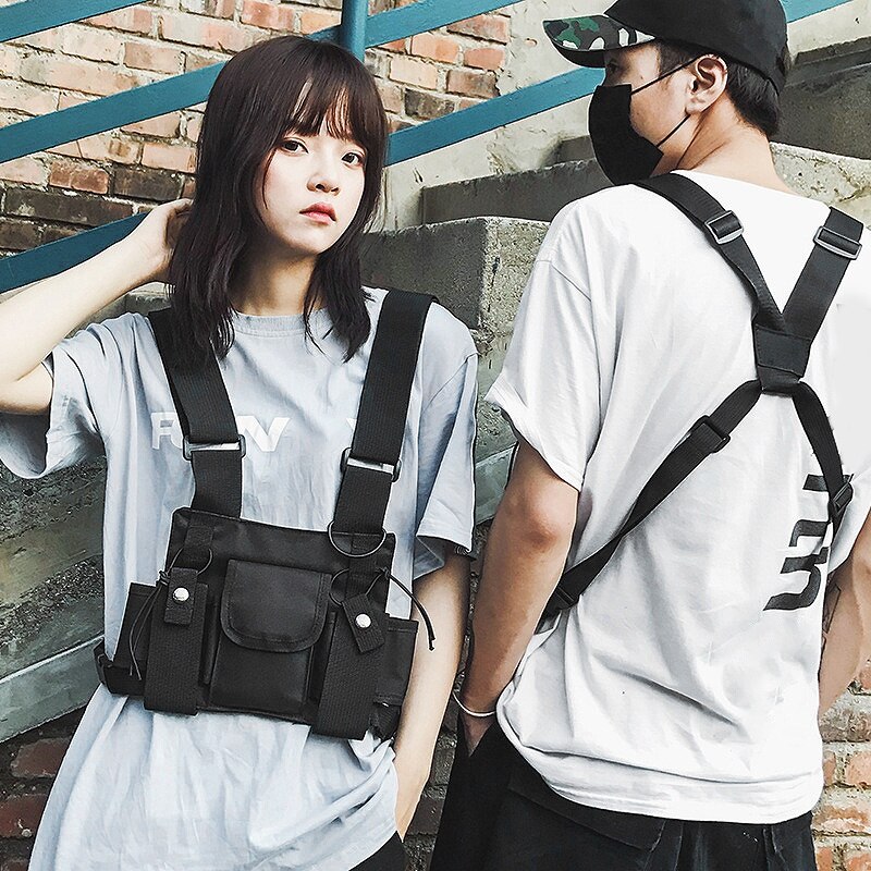 FGGS-Regolabile Nero Della Maglia Hip Hop Streetwear Funzionale Cablaggio Cassa Vita pacchetto della Cassa del Pacchetto di Modo del Sacchetto di Nylon