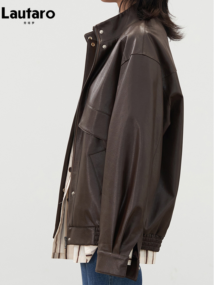 Lautaro-oversized PU-leren jas voor dames, verlaagde schouder, lange mouw, ritssluiting, bruin, zwart, cool, unisex kleding, lente