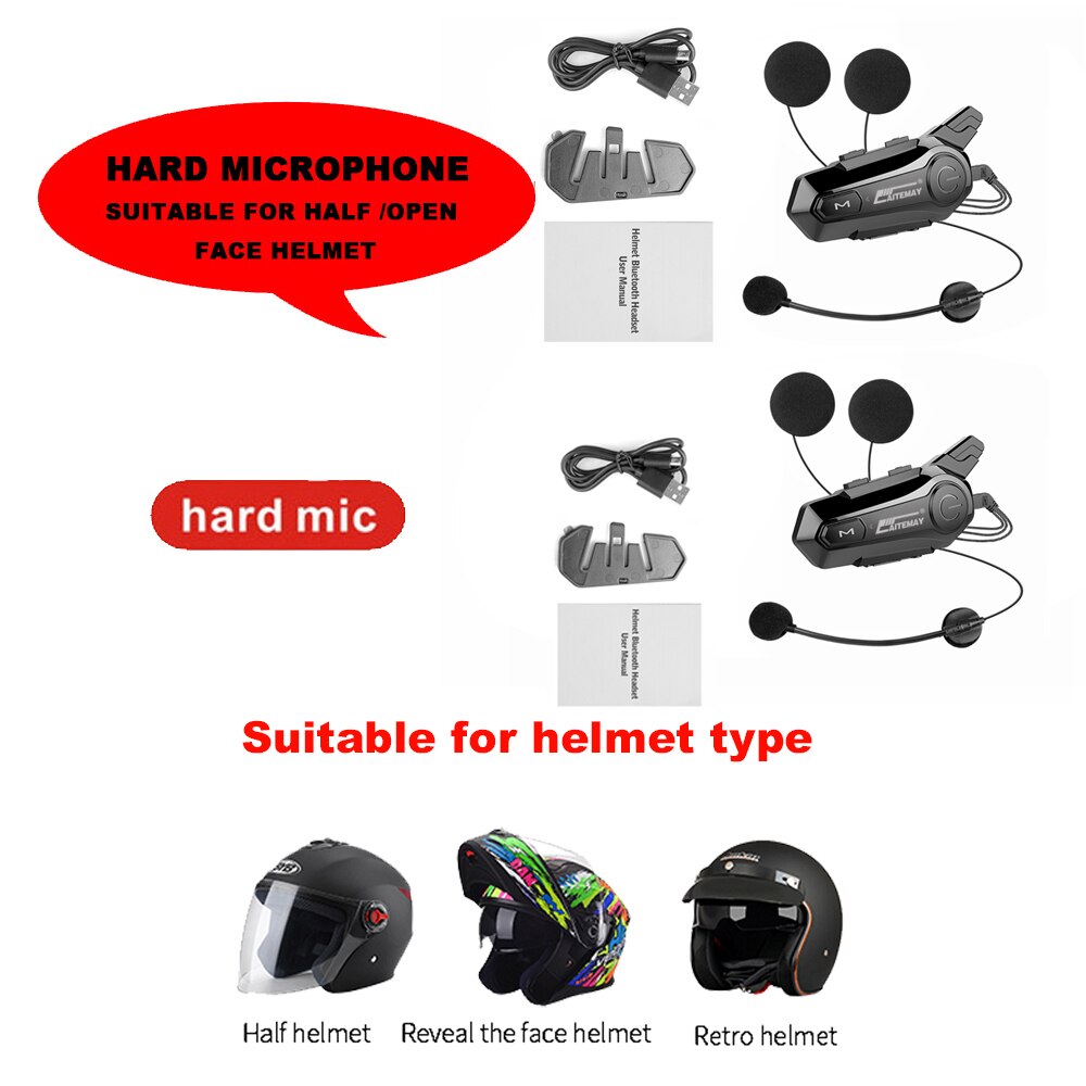 Moto hjelm intercom headset bluetooth-kompatibel 5.0 motorcykel øretelefoner trådløs interphone højttaler hovedtelefon håndfri opkald: 2 x hårde mikrofoner