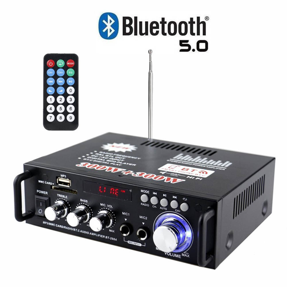 12V/220V BT-298A 2CH LCD Display 300W+300W EU Plug HIFI Audio Stereo Power Amplifier Bluetooth-compatible FM Radio with Remote