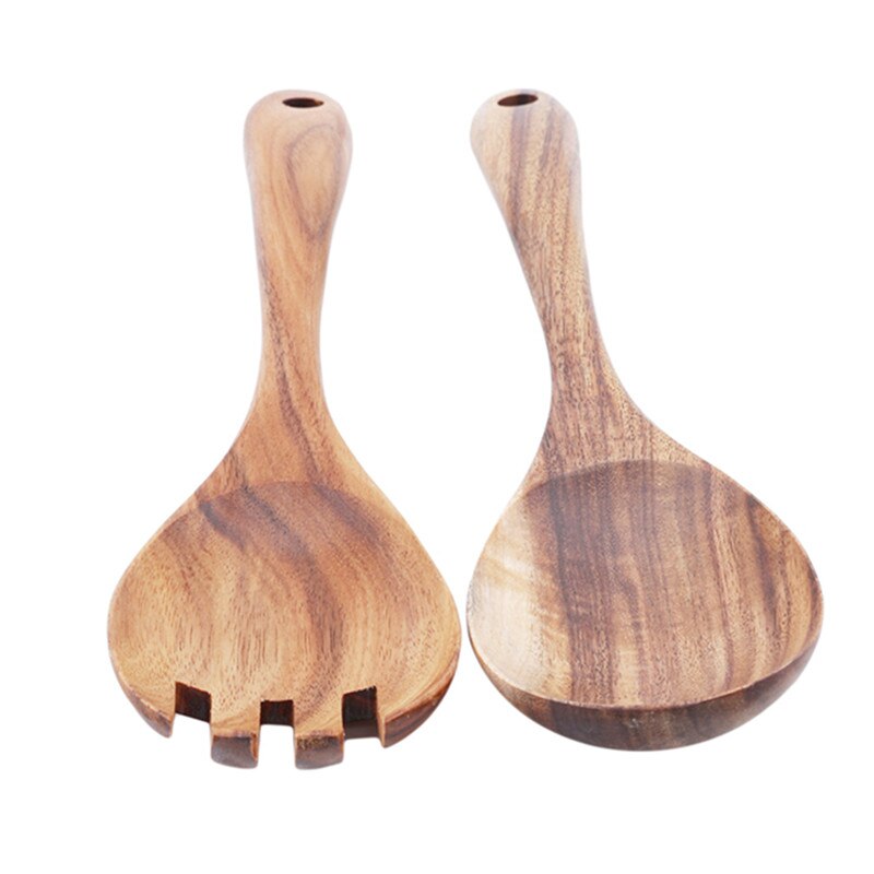 Kitchen Natural Wooden Spoon Fork Large Salad Dinner Serving Spoons Server Wood Fork Spoon Cutlery Set Wooden Utensils Tableware