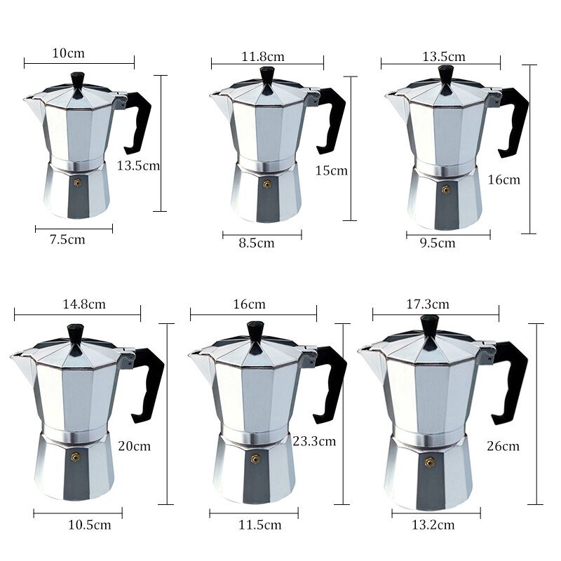 Aluminum Mocha Latte Coffee Maker Moka Espresso Cafeteira Percolator Pot 1cup/2cup/3cup/6cup/9cup/12cup Stovetop Coffee Maker