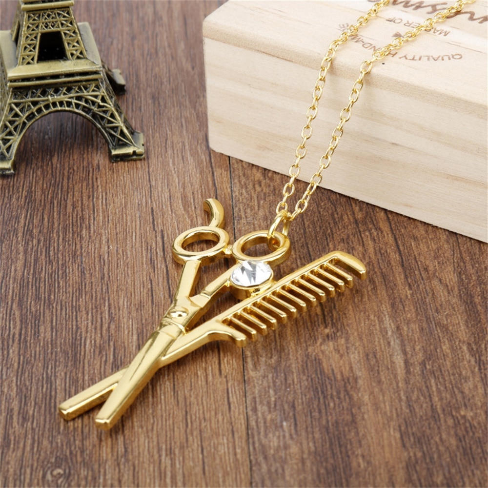 Beautician Hairdresser Necklace Scissors Comb Hairdresser Stylist Pendant Necklace for Women Men Pendant Jewelry