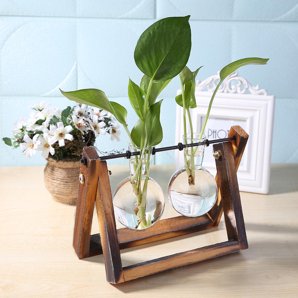 Glas og træ vase plante terrarium bord desktop hydroponics plante bonsai urtepotte hængende potter med træbakke boligindretning: Type 2