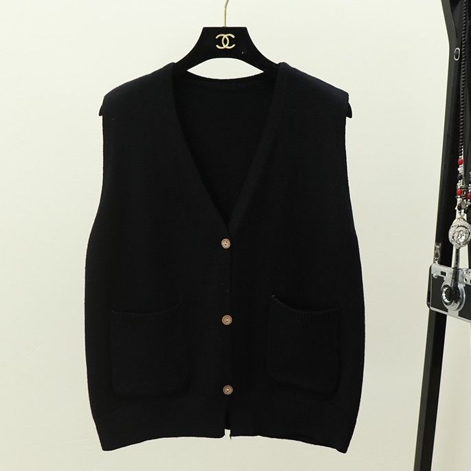 Sweater Vest Women Pocket Solid Simple Korean Knitted Open-stitch All-match Preppy Style Loose V-neck Sleeveless: black