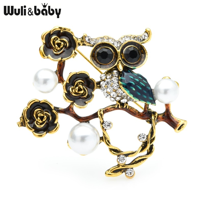 Wuli & del bambino Vintage Argento di Colore Del Gufo Spille Delle Donne Della Lega Del Rhinestone Dello Smalto Animale Del Fiore Della Perla Matrimoni Spilla Spilli Regali