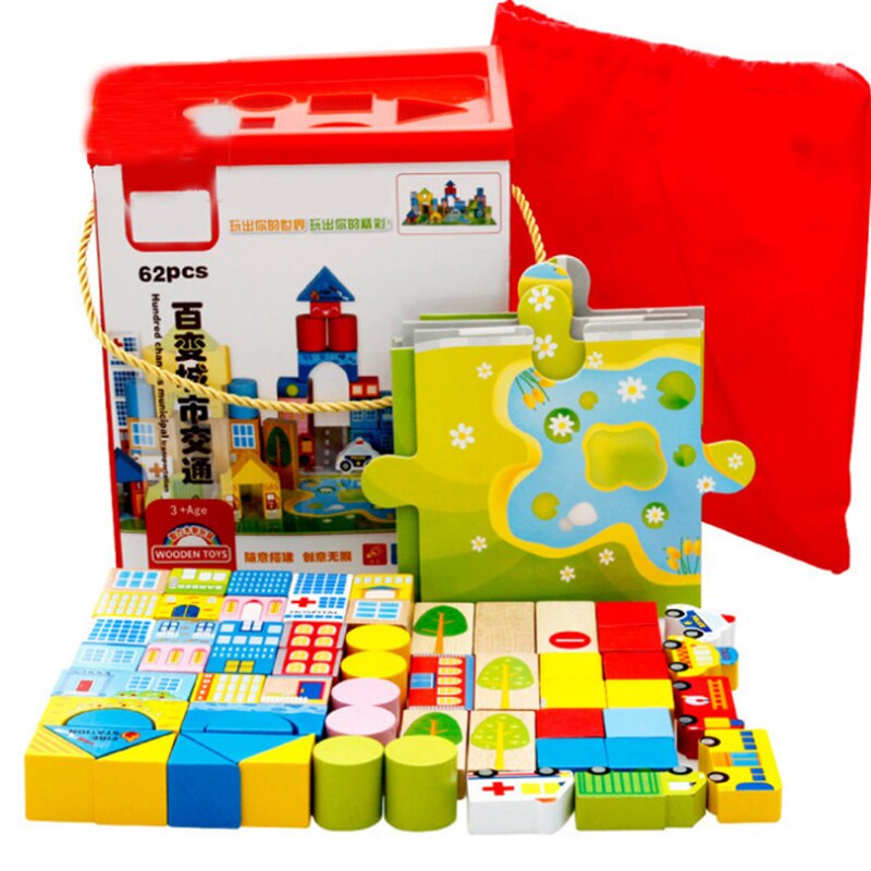 62Pcs Kinderen Houten Blokken Stedelijke Verkeer Assembleren Baby Speelgoed Vroege Onderwijs En Intellectuele Ontwikkeling