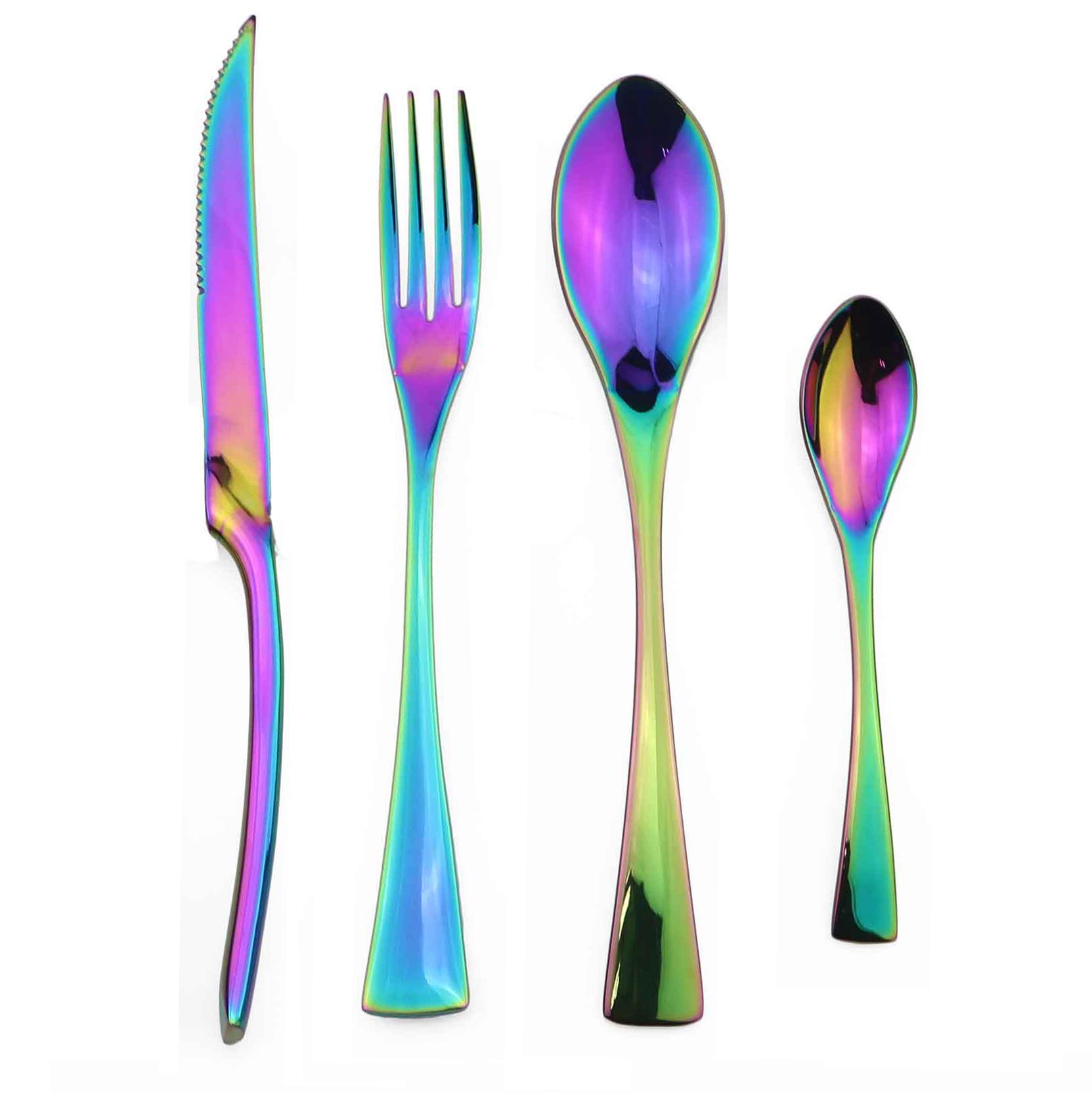 Jankng 4-Pcs 18/10 Roestvrij Staal Bestek Set Zwart Servies Steak Mes Vork Lepel Theelepel Bestek Eten Servies: Rainbow