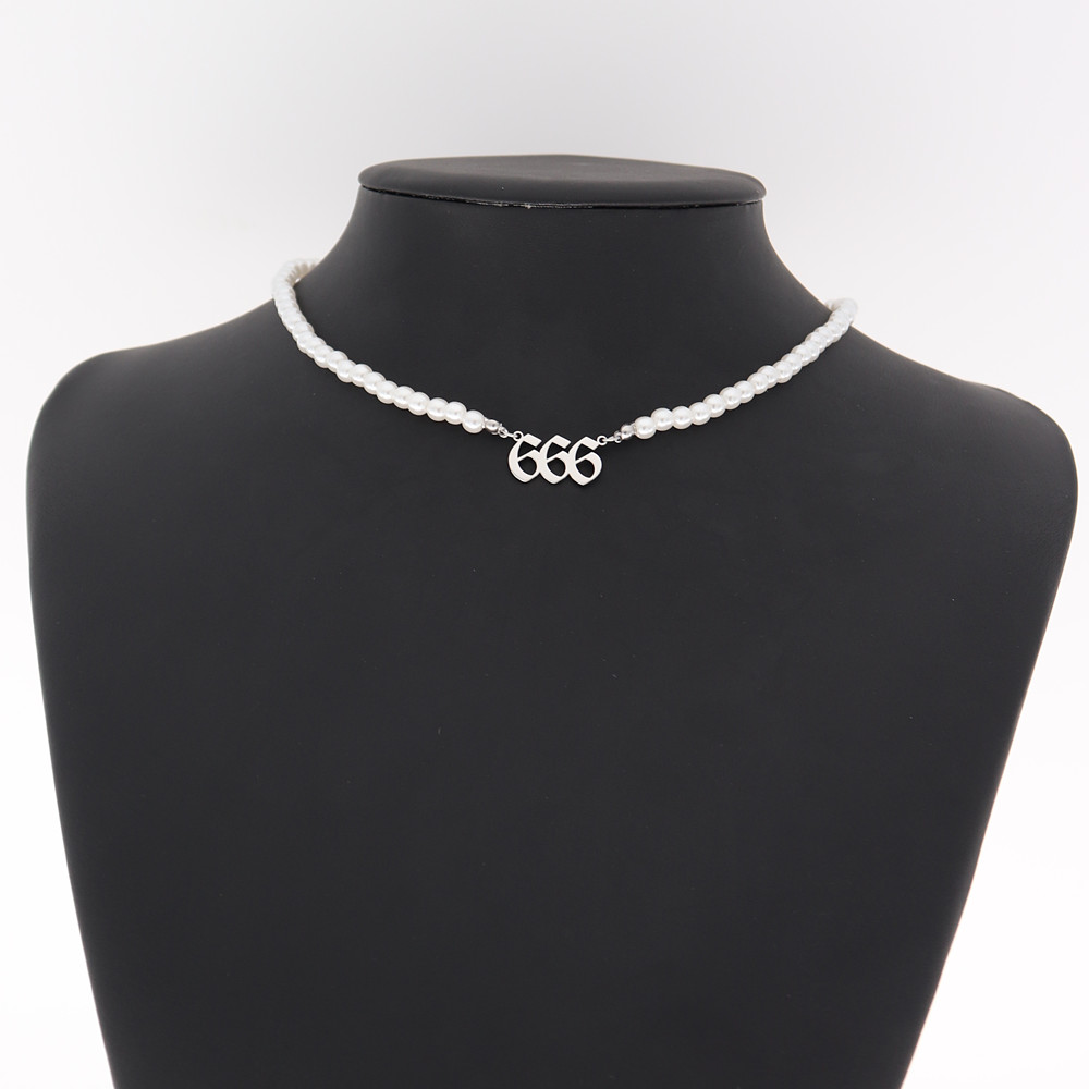 Edelstahl Engel Anzahl Halskette Perle Kette Choker 444 999 888 222 555 666 333 777 Boho Schmuck Teufel Colar gold Halsketten: Silver 666 Pearl