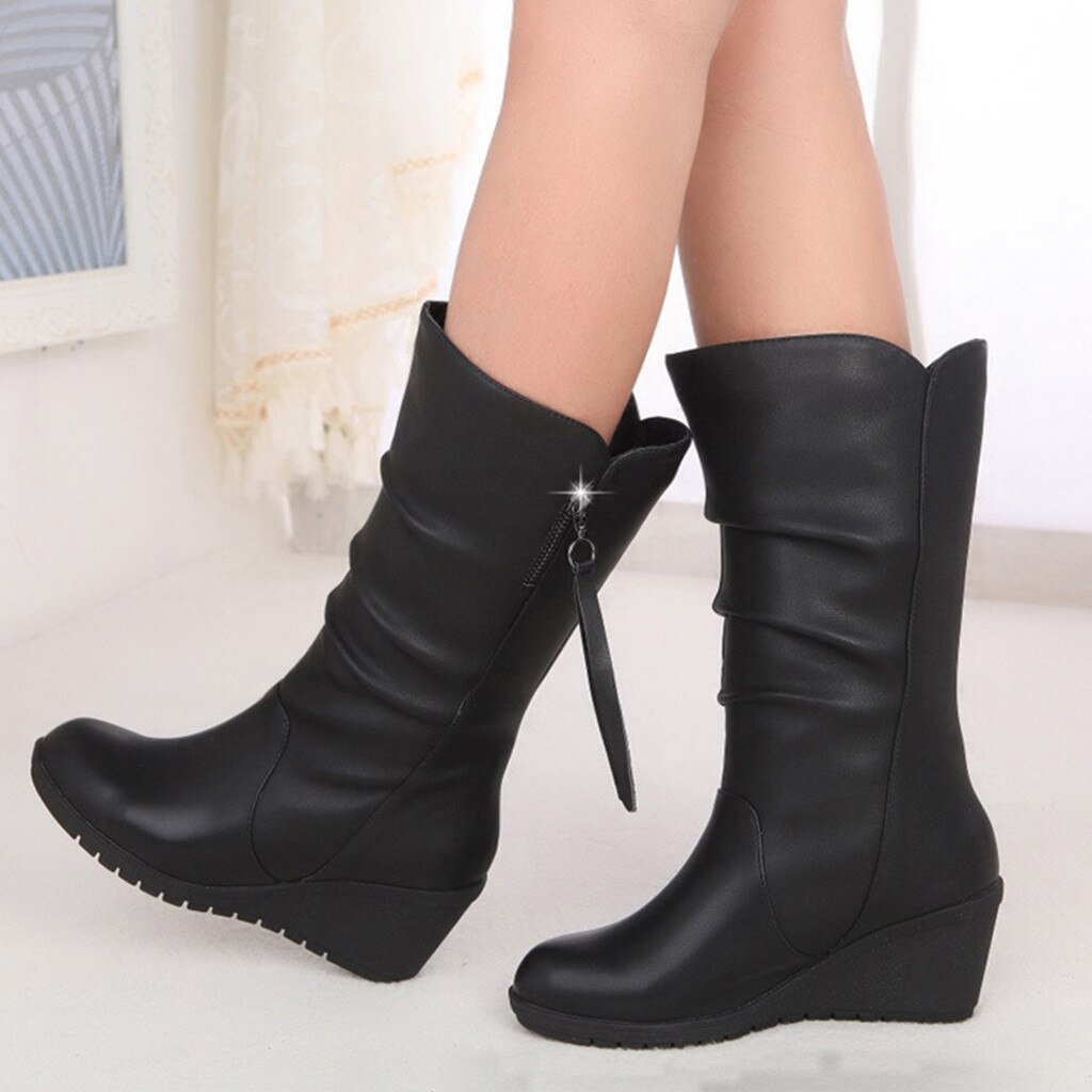 Mi Mollet Femme Botte A Talon Noir Femme Bottes Mi-Mollet Cuir