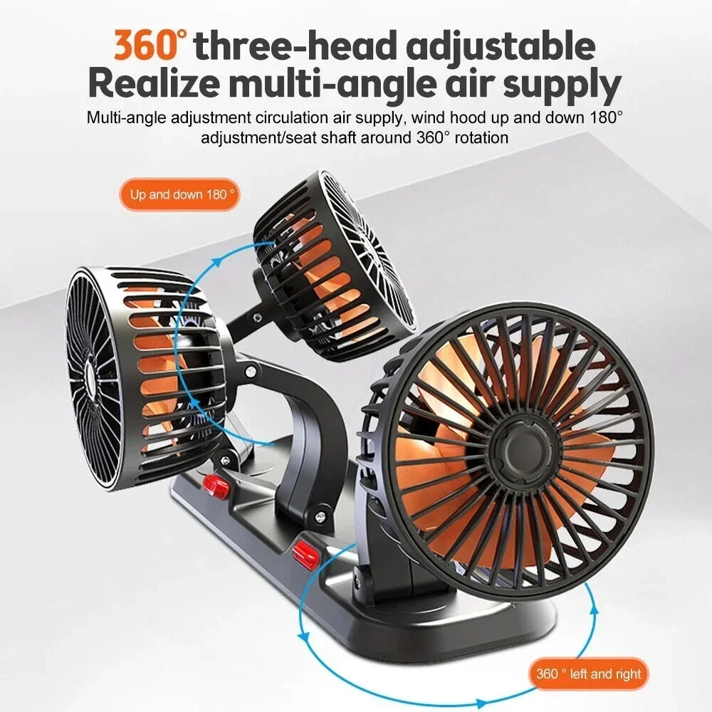 Ventilador de coche 360 ° Ventilador de aire ajustable de 3 cabezales, ventilador eléctrico automotriz, ventilador USB/12V/24V, ventilador silencioso de 2 velocidades para el hogar, escritorio, oficina y coche