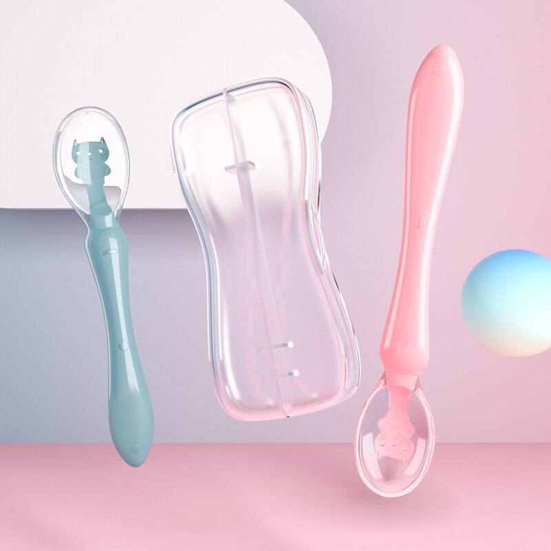 Baby Silikon Weiche Suppe Löffel Hcalthy Kleinkind Scnsing Tcmpcrature Saugnapf Kichen Kochen Löffel Ricc Löffel Childrc Tablcwarc: Blau und Rosa