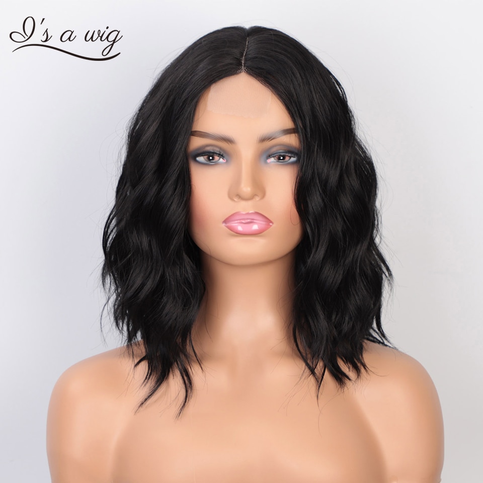 I's a perruque courte synthétique perruque noir eau vague partie moyenne cheveux pour noir blanc femmes naturel taille moyenne