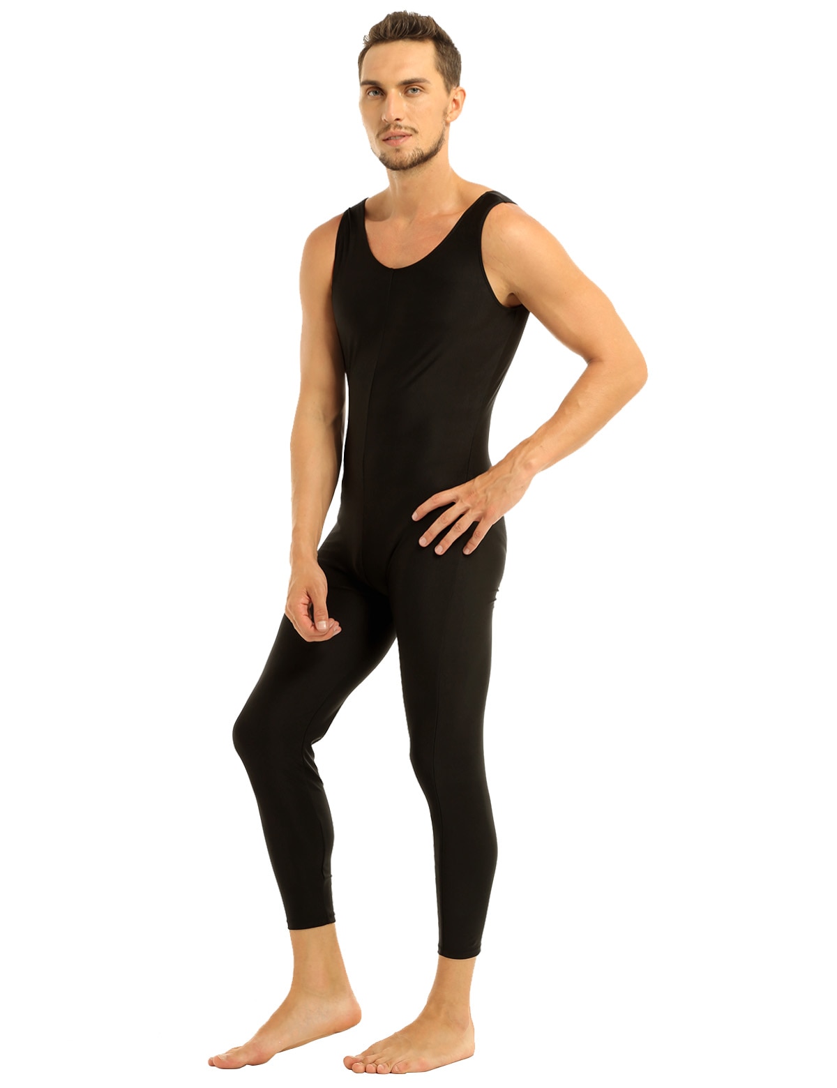 Sexy Mens Adults Well Fit One Piece Scoop Neck Sleeveless Skin-Tight Solid Color Vest Unitard Bodysuit Dancewear for Performance
