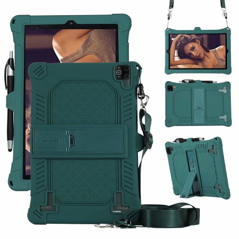 Funda de silicona blanda para tableta PC de 10,1 pulgadas, 25x16cm, 10,1 pulgadas, 3G/4G, Android, a prueba de golpes, bolígrafo y correa: darkgreen
