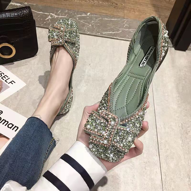 Women Ballet Flats 2022 Bling Crystal Diamond Dress Ladies Bow Sequins Single Shoes Rhinestone Glitter Square Toe Plus Size 43: Green / 39