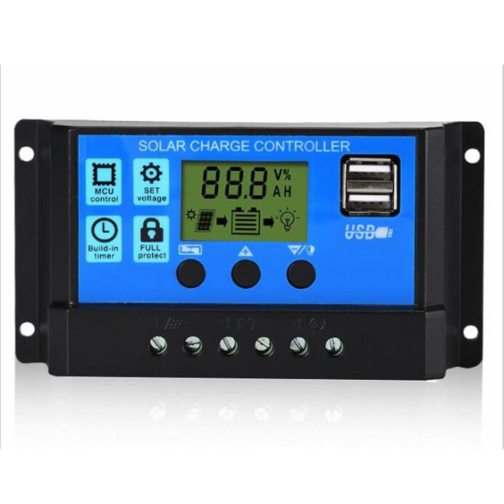 60A/50A/40A/30A/20A/10A 12V 24V Auto Solar Charge Controller PWM Controllers LCD Dual USB 5V Output Solar Panel PV Regulator