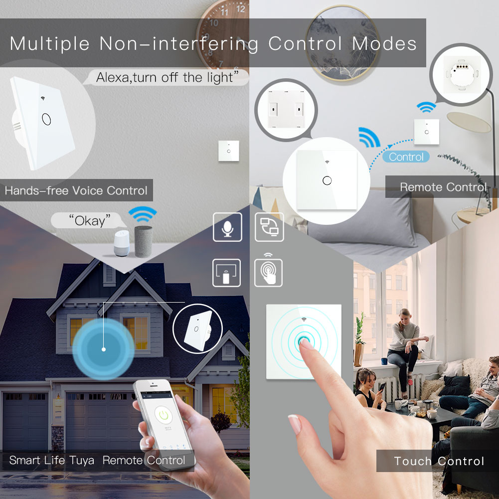 WiFi Smart Glass Panel Touch Switch RF433 Transmitter Wall Panel 1/2/3 Gang Remote Control Switch Works with Alexa Google Home