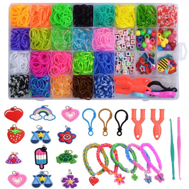 DIY Toy Loom Rubber Bands 10000pcs Silicone Bands Elastic Refill Kit ABC Stickers Bracelet Making kit for Girls Weave Loom Bands: Style-2